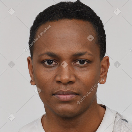 Neutral black young-adult male with short  black hair and brown eyes