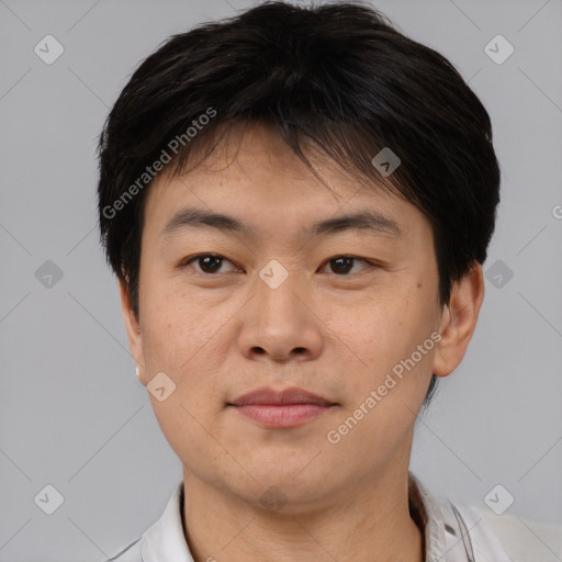 Neutral asian young-adult male with short  brown hair and brown eyes