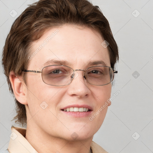 Joyful white adult female with short  brown hair and grey eyes