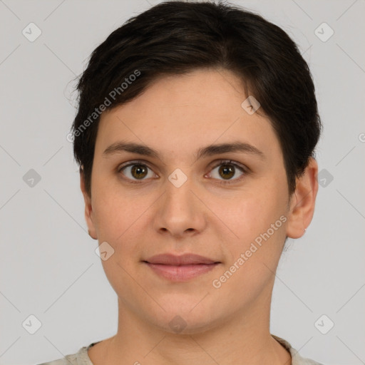 Joyful white young-adult female with short  brown hair and brown eyes