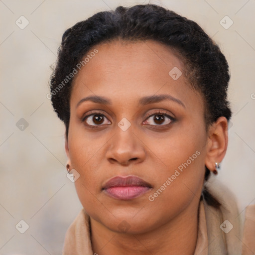 Neutral black young-adult female with short  brown hair and brown eyes