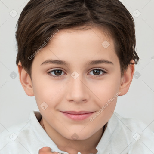 Joyful white child female with short  brown hair and brown eyes