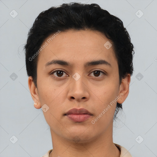 Neutral asian young-adult female with short  black hair and brown eyes