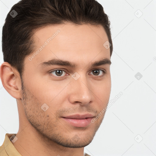 Neutral white young-adult male with short  brown hair and brown eyes