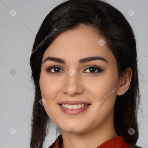 Joyful white young-adult female with long  brown hair and brown eyes