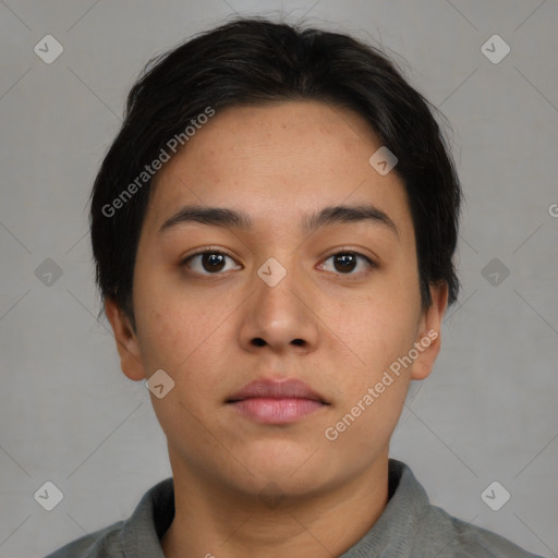 Neutral asian young-adult female with short  black hair and brown eyes