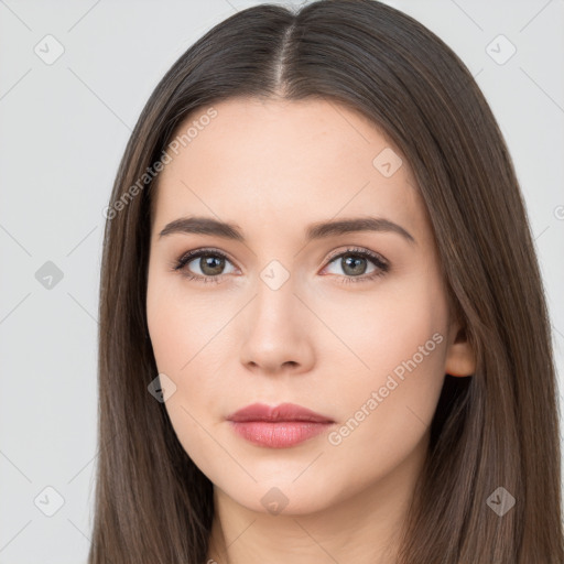 Neutral white young-adult female with long  brown hair and brown eyes