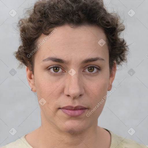 Neutral white young-adult female with short  brown hair and brown eyes