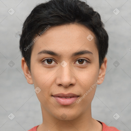 Joyful asian young-adult female with short  brown hair and brown eyes