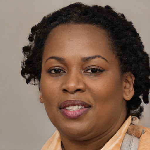 Joyful black adult female with short  black hair and brown eyes