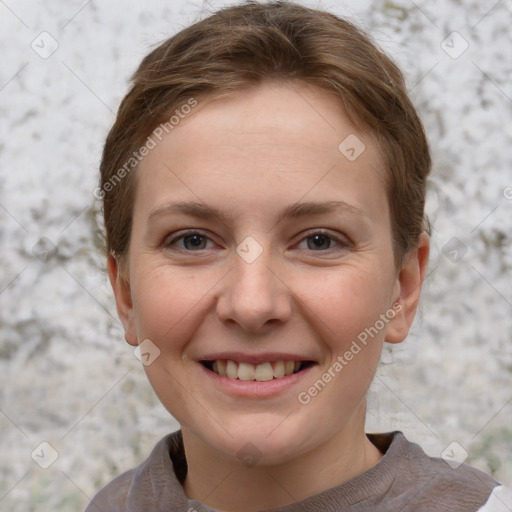 Joyful white young-adult female with short  brown hair and grey eyes