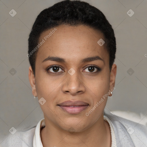 Joyful black young-adult female with short  brown hair and brown eyes