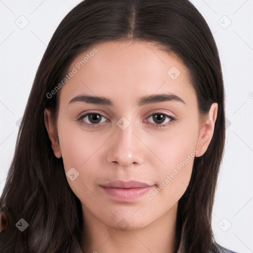 Neutral white young-adult female with long  brown hair and brown eyes