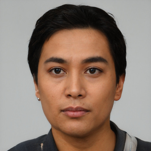 Neutral asian young-adult male with short  black hair and brown eyes