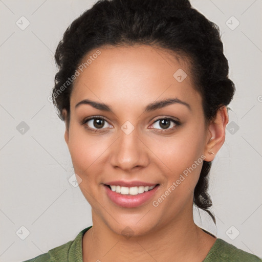 Joyful white young-adult female with short  black hair and brown eyes