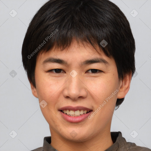 Joyful asian young-adult female with short  brown hair and brown eyes