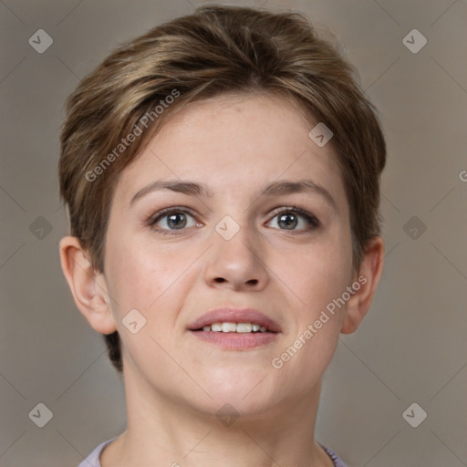 Joyful white young-adult female with short  brown hair and grey eyes