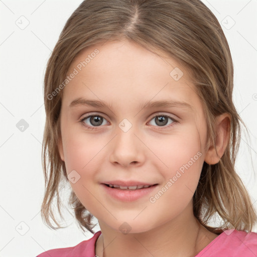 Joyful white child female with medium  brown hair and brown eyes