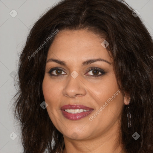 Joyful white adult female with long  brown hair and brown eyes