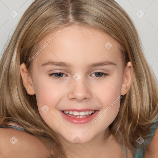 Joyful white child female with medium  brown hair and brown eyes