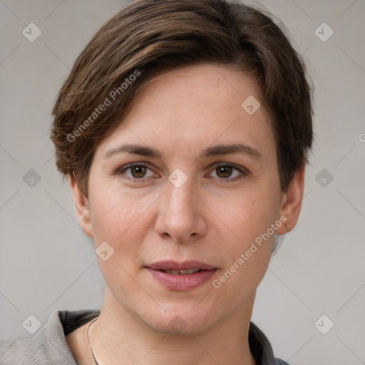 Joyful white young-adult female with short  brown hair and grey eyes