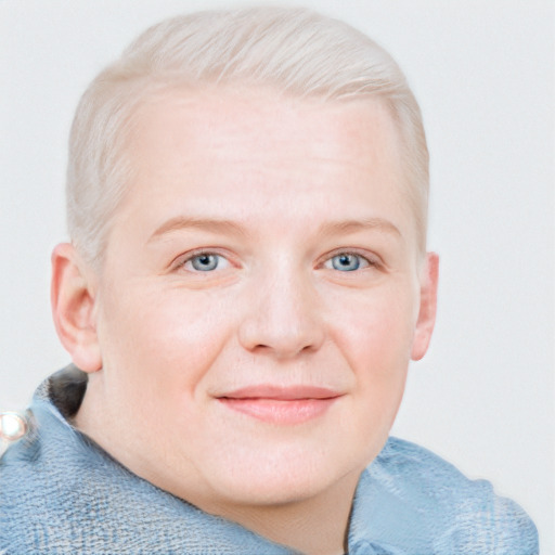 Joyful white young-adult male with short  blond hair and blue eyes