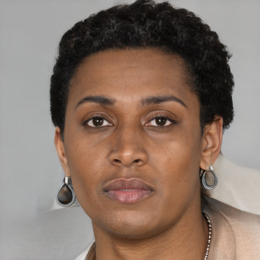 Neutral black young-adult female with short  brown hair and brown eyes