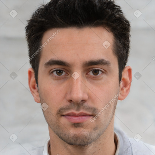 Neutral white young-adult male with short  brown hair and brown eyes