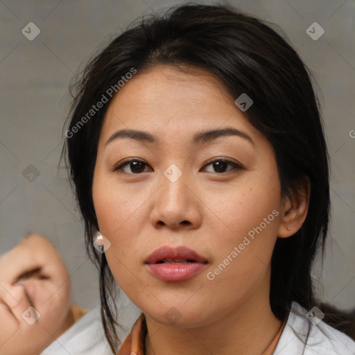 Neutral white young-adult female with medium  brown hair and brown eyes