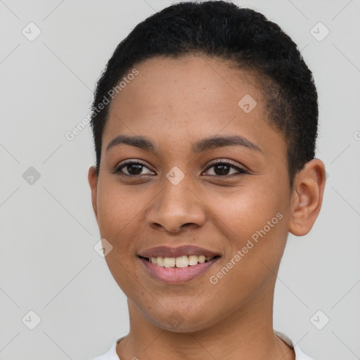 Joyful latino young-adult female with short  black hair and brown eyes