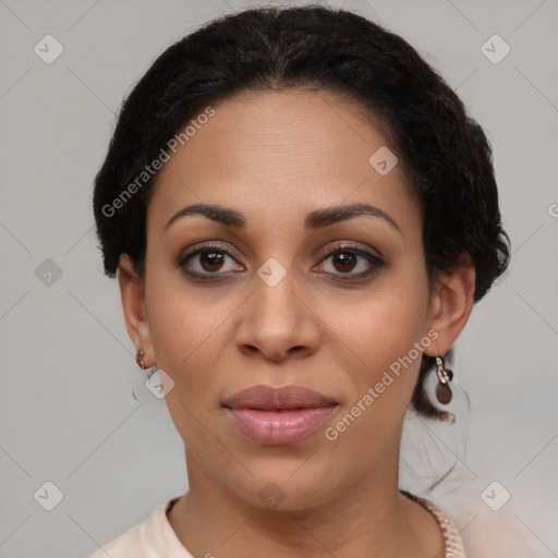 Joyful latino young-adult female with short  brown hair and brown eyes