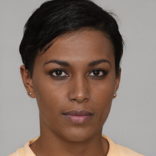 Neutral asian young-adult female with short  brown hair and brown eyes