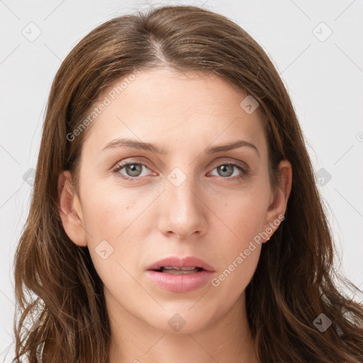 Neutral white young-adult female with long  brown hair and grey eyes