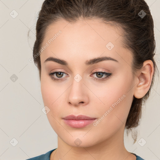 Neutral white young-adult female with medium  brown hair and brown eyes