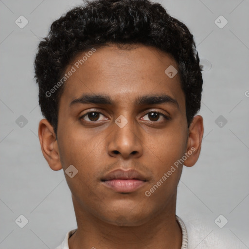 Neutral black young-adult male with short  black hair and brown eyes