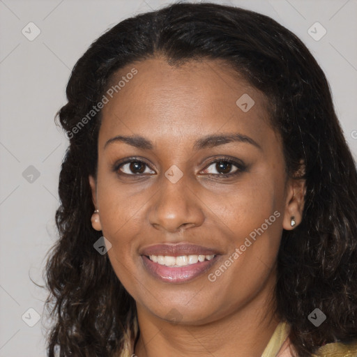 Joyful black young-adult female with medium  brown hair and brown eyes