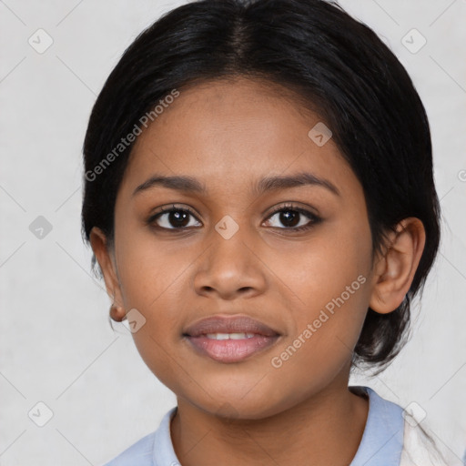 Joyful latino young-adult female with medium  black hair and brown eyes