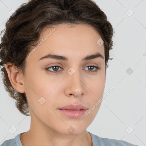 Neutral white young-adult female with short  brown hair and brown eyes