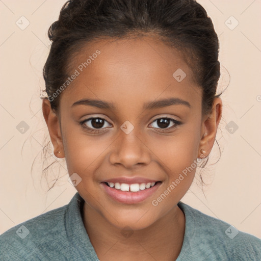 Joyful white child female with medium  brown hair and brown eyes