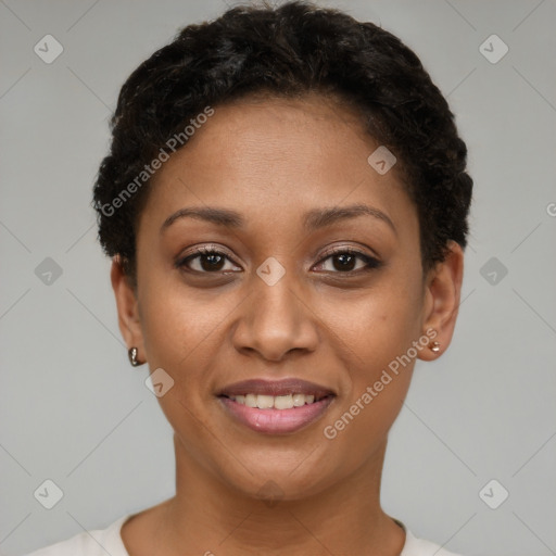 Joyful latino young-adult female with short  brown hair and brown eyes