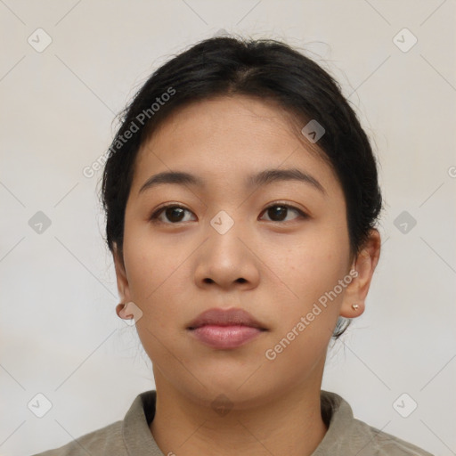 Neutral asian young-adult female with short  brown hair and brown eyes