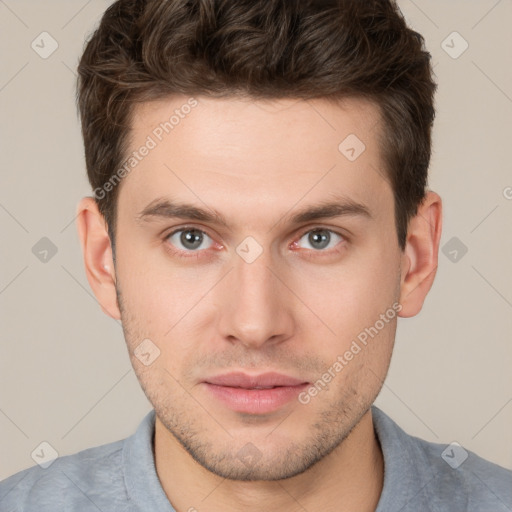 Neutral white young-adult male with short  brown hair and brown eyes