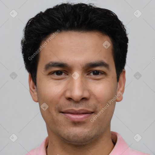 Joyful white young-adult male with short  black hair and brown eyes