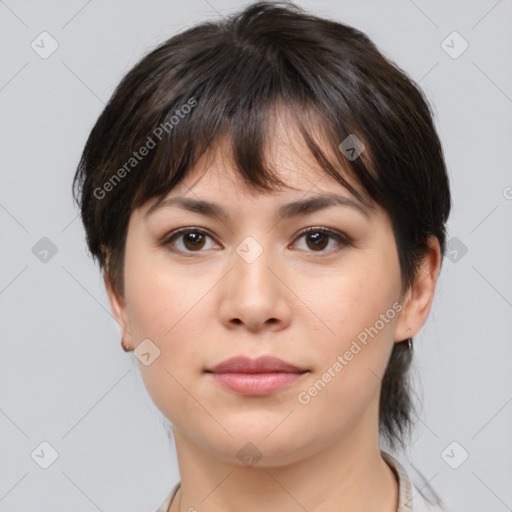 Neutral white young-adult female with medium  brown hair and brown eyes