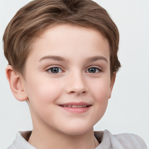 Joyful white child female with short  brown hair and grey eyes