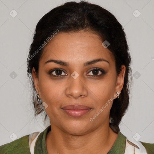 Joyful black young-adult female with medium  brown hair and brown eyes