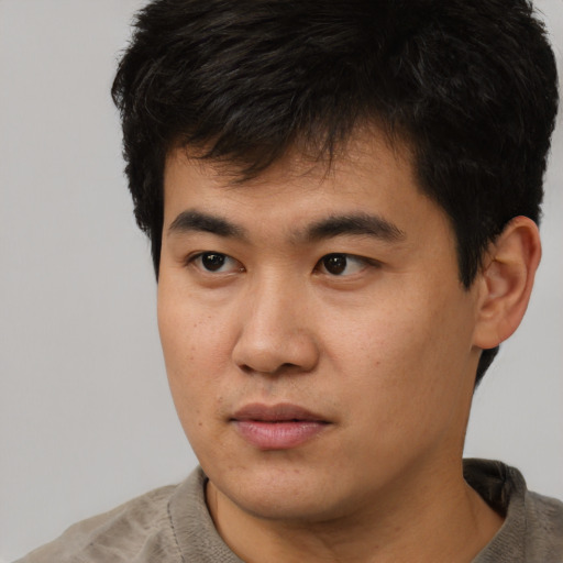 Neutral asian young-adult male with short  brown hair and brown eyes