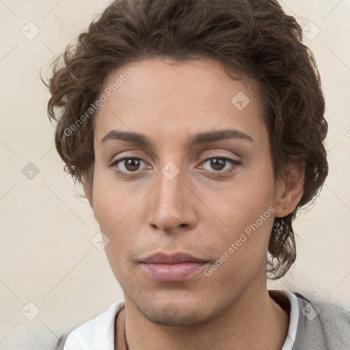 Neutral white young-adult female with short  brown hair and brown eyes