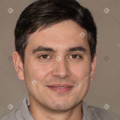 Joyful white young-adult male with short  brown hair and brown eyes