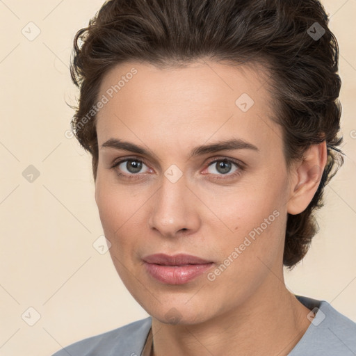 Neutral white young-adult female with short  brown hair and brown eyes